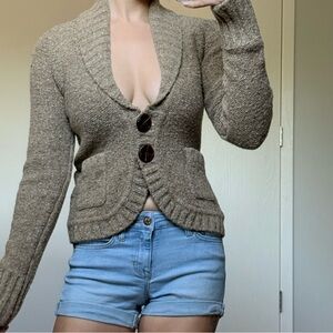 Vintage Pink Tartan Merino Wool Chunky Sweater Shawl Button Front Tie Brown S